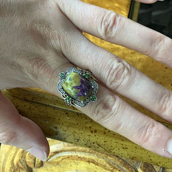 Tasmanian Stichtite Chrome Diopside Sterling Silver Cocktail Ring Size 9 - Picture 3 of 11
